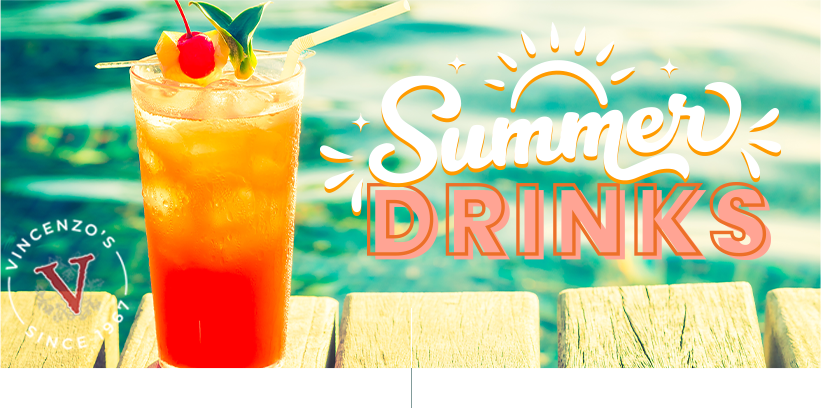 Summer Cocktail on a dock with text that reads Summer Drinks